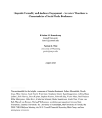 Image of Article - Linguistic Formality and Audience Engagement – Investors’ Reactions to Characteristics of Social Media Disclosures Volume 38, Issue 1 457–487